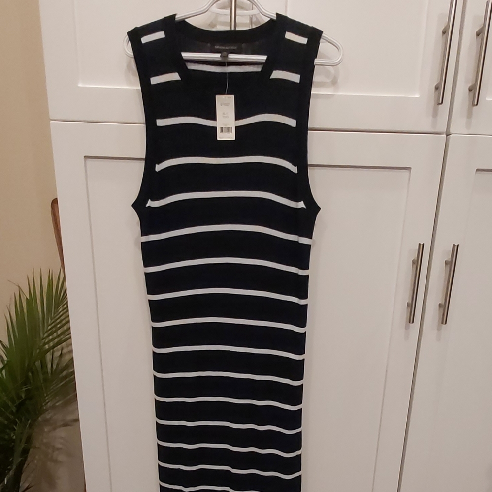 Banana Republic Navy and White Striped Sleeveless Midi Dress